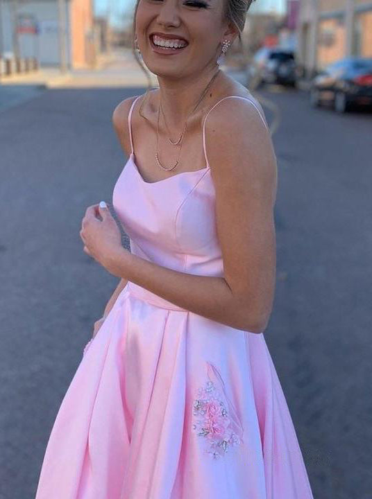 Cute A-line Sleeveless Beading Pink Satin Prom Dresses, Evening Dresses With Pockets