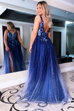 A-line V neck Formal Evening Gowns Navy Blue Sparkly Long Prom Dresses