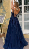 A -Line V-Neck Spaghetti Straps Navy Blue Lace Tulle Appliques Long Evening Gowns Prom Dresses