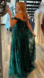 A Line Off the Shoulder Dark Green Lace  Formal Evening Gowns Long Prom Dresses