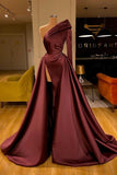 A-Line Long Sleeves One Shoulder Burgundy Party Dress Prom Dress Split Overskirt