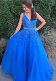 A Line School Dance Dress  Royal Blue Beading Formal Dress Fashion Tulle Prom Dresses with Applique