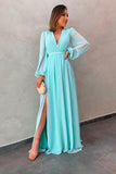 Long Sleeves A-Line V-Neck Long Chiffon Prom Dresses With Split