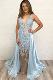 Sexy Mermaid Evening Dress V Neck Lace Glamorous Blue Sleeveless Prom Dress