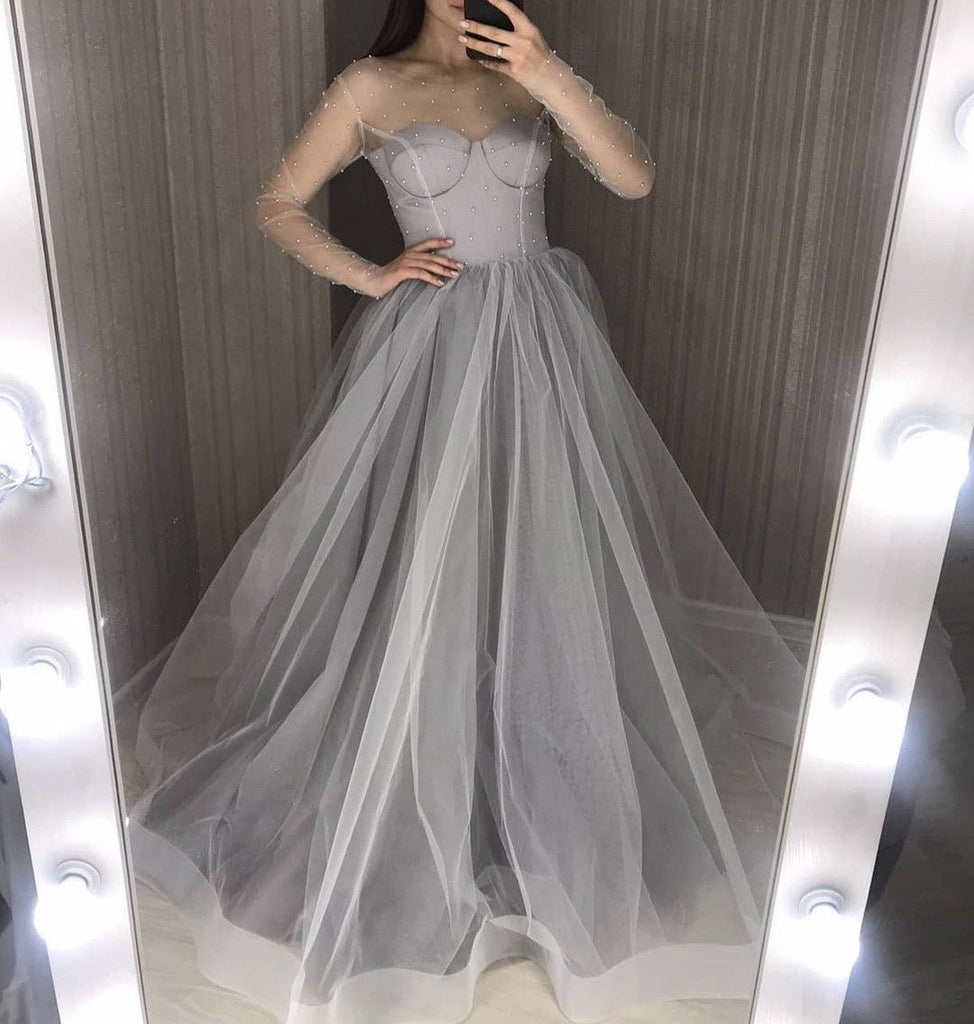 A-Line Pearls Tulle Long Sleeves Evening Dresses Grey Long Prom Dresses