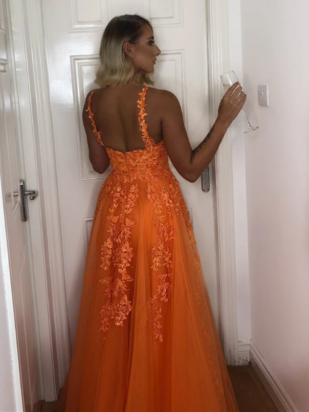 A Line V Neck  Formal Dresses Orange Backless Lace Appliques Prom Dresses