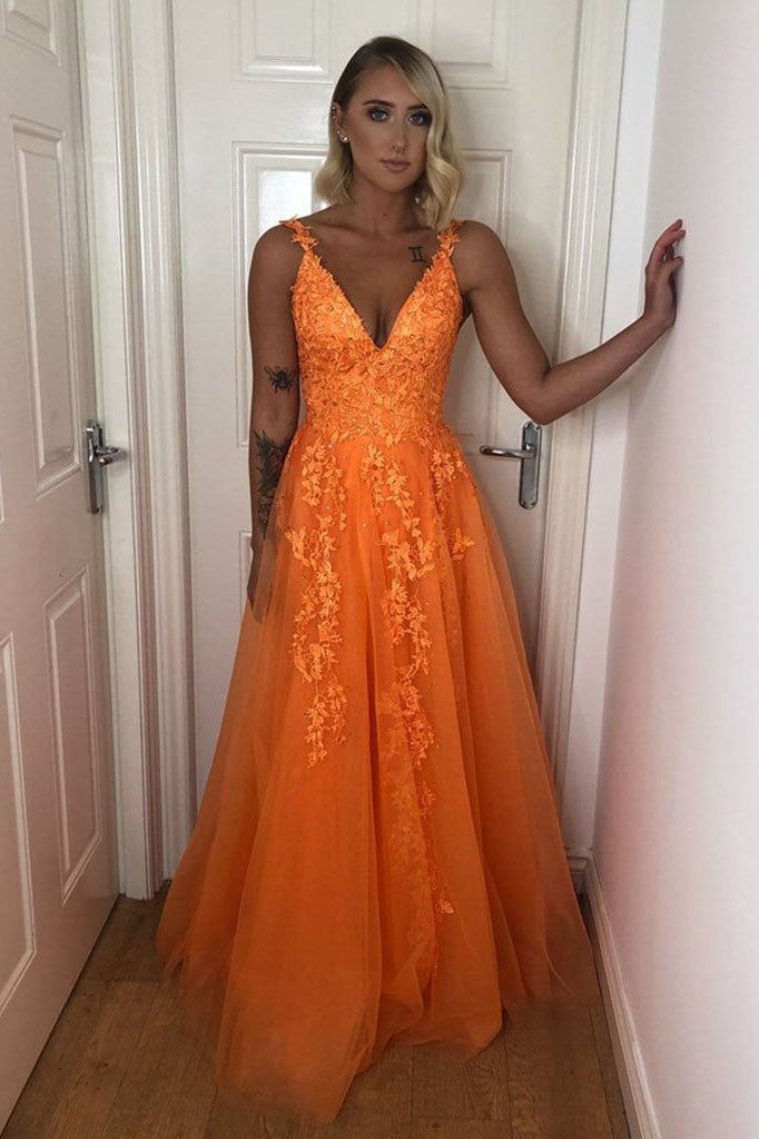 A Line V Neck  Formal Dresses Orange Backless Lace Appliques Prom Dresses