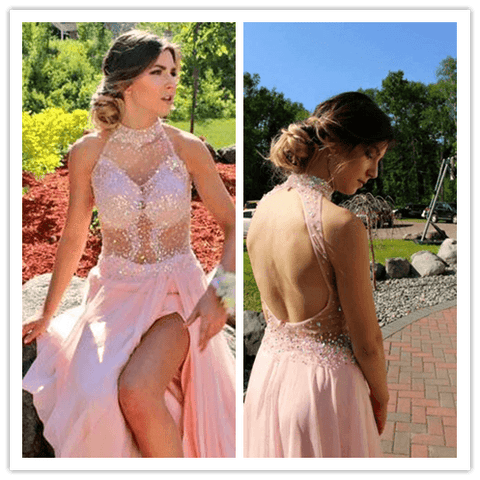A-Line Red Halter Backless Prom Dresses - Laurafashionshop