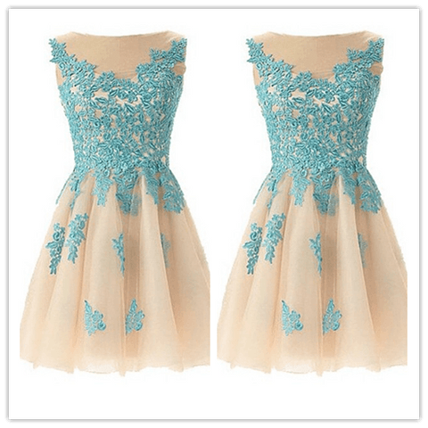 Blue Fitted Tulle Lace Short Prom Dress - Laurafashionshop