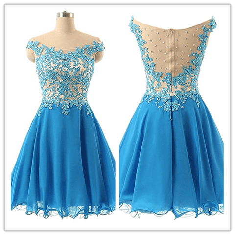 Fitted Tulle Lace Blue Homecoming Dress Prom Dresses - Laurafashionshop