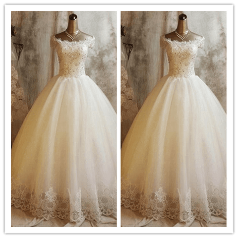 Floor-length White A-line Off-the-shoulder Tulle Wedding Dresses - Laurafashionshop