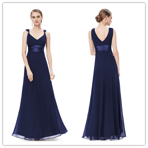 V-neck Navy Blue Chiffon Long Bridesmaid Dresses Prom Dresses - Laurafashionshop