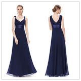 V-neck Navy Blue Chiffon Long Bridesmaid Dresses Prom Dresses - Laurafashionshop