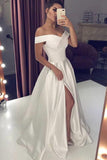 Elegant Off the Shoulder Ivory Satin Front-Slit Wedding Prom Dresses Formal Evening Dress