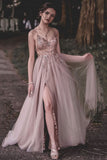 Spaghetti Straps A Line Tulle Beaded Pink Long Prom Dresses With Slit