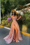 A-Line Beading Tulle Party Dress Sweetheart Pink Prom Dress Long With Split
