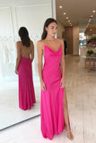 Long  Silk Satin Evening Dresses Simple Hot Pink Criss Cross Prom Dress With Slit