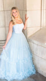 A Line Formal Evening Dresses  Sky Blue Tulle Princess Long Prom Dresses