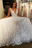 Long Wedding Dresses Floor Length White V Neck Sleeveless Glitter Sparkly Prom Dress