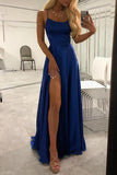 Royal Blue Prom Dresses Spaghetti Straps Slit Long Evening Formal Dress