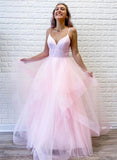 A Line Pink Tulle Ruffles Spaghetti Straps Evening Dresses Long Prom Dresses