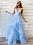 A Line Pink Tulle Ruffles Spaghetti Straps Evening Dresses Long Prom Dresses