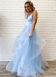 A Line Pink Tulle Ruffles Spaghetti Straps Evening Dresses Long Prom Dresses