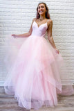 A Line Pink Tulle Ruffles Spaghetti Straps Evening Dresses Long Prom Dresses