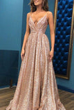 Elegant Big Swing Maxi Dress Floor Length Golden Sequin Glitter Sparkly V-neck  Prom Dress