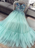 Sweetheart Tulle A Line Mint Green Long Prom Dresses with Appliques