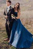 A-Line Strapless Pockets Satin Slate Blue Simple Formal Long Prom Dresses