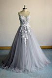 A Line Formal Evening Dress Silver Grey Lace Appliques Tulle Long Prom Dresses