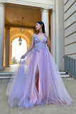 Tulle Appliques Lilac V-Neck Split Charming Party Dress A-Line Prom Dresses