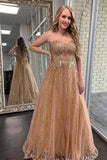 A Line Evening Formal Dress Sparkle Sweetheart Gold Sequins Prom Dress