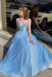 Spaghetti Straps Long Formal Evening Dresses Sky Blue A-line Princess Prom Dresses