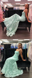 Mint Green Lace Evening Dresses Mermaid Spaghetti Straps Long Prom Dresses