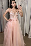 A-line V Neckline Spaghetti Straps Tulle Formal Dress Pink Long Prom Dress