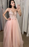 A-line V Neckline Spaghetti Straps Tulle Formal Dress Pink Long Prom Dress