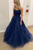 A Line Tulle Navy Blue Evening Dress Lace Appliques Formal Prom Dress