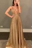 V-Neck Glitter Evening Party Dresses  Gold Deep A Line Long Prom Dress