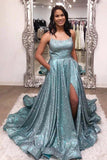 School Party Gowns Shinning Blue Spaghetti Straps Evening Dress Graduation Prom Dresses With Slit