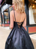 Elegant A-line Sleeveless Beading Black Satin Prom Dresses, Long Evening Gowns