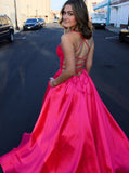 Shiny A-line Spaghetti Straps Lace-up Pink Satin Prom Dresses, Formal Gowns