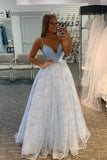 Formal Evening Spaghetti Straps Sky Blue Stunning A-line Sparkly Dress Long Prom Dresses