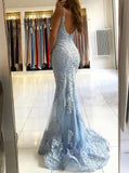 Modest Mermaid Sleeveless Light Blue Lace Long Prom Dresses