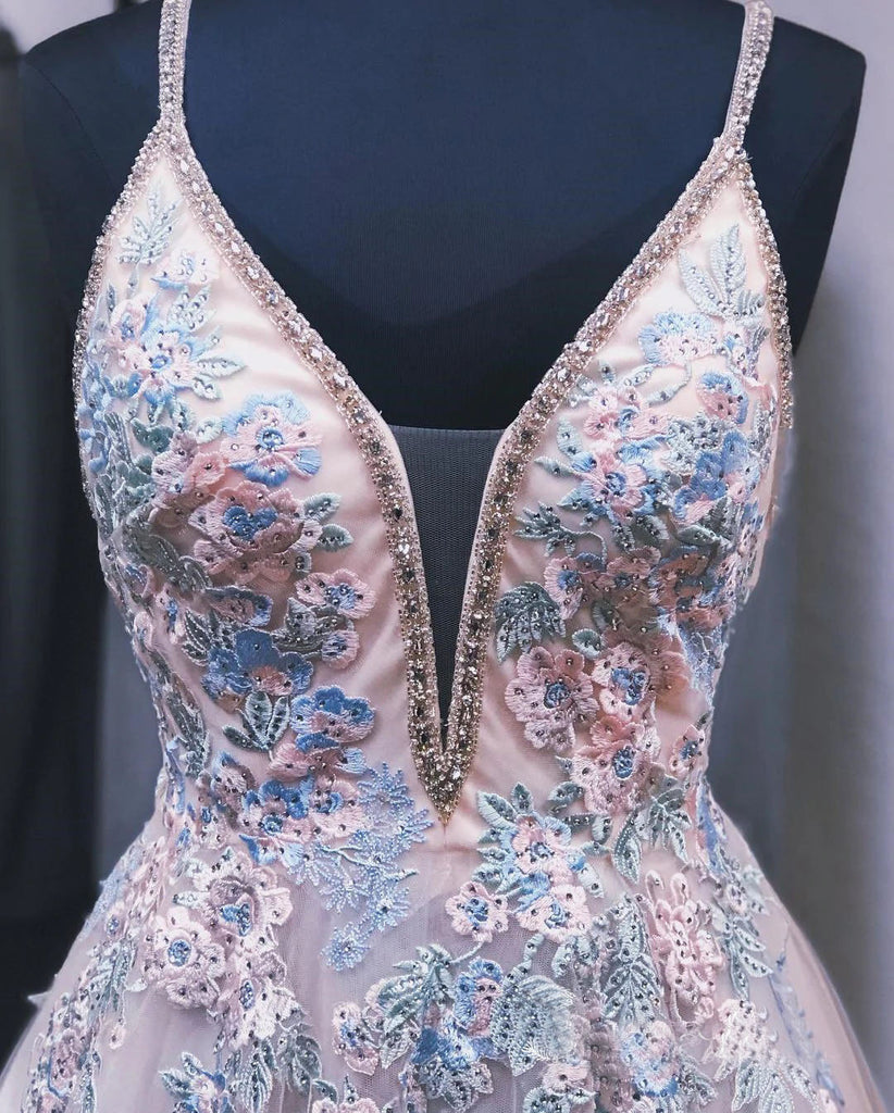 A Line Embroidery Spaghetti Straps Beaded Evening Gowns Chic Long Prom Dress