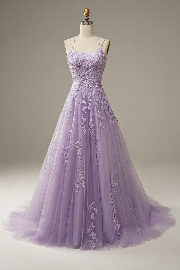 A-Line Tulle Appliques Lilac Spaghetti Straps Lace Long Prom Dresses