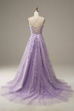 A-Line Tulle Appliques Lilac Spaghetti Straps Lace Long Prom Dresses