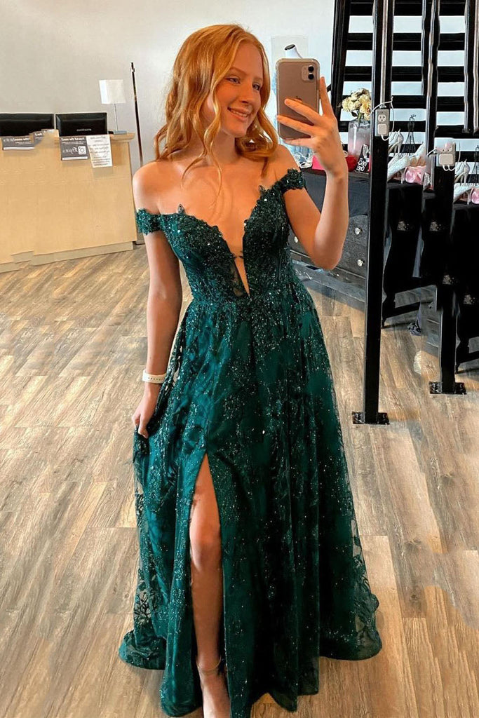 A Line Off the Shoulder Dark Green Lace  Formal Evening Gowns Long Prom Dresses