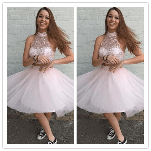 Pink Beading Colorful 2 Piece Silver Homecoming Gowns Prom Dresses - Laurafashionshop